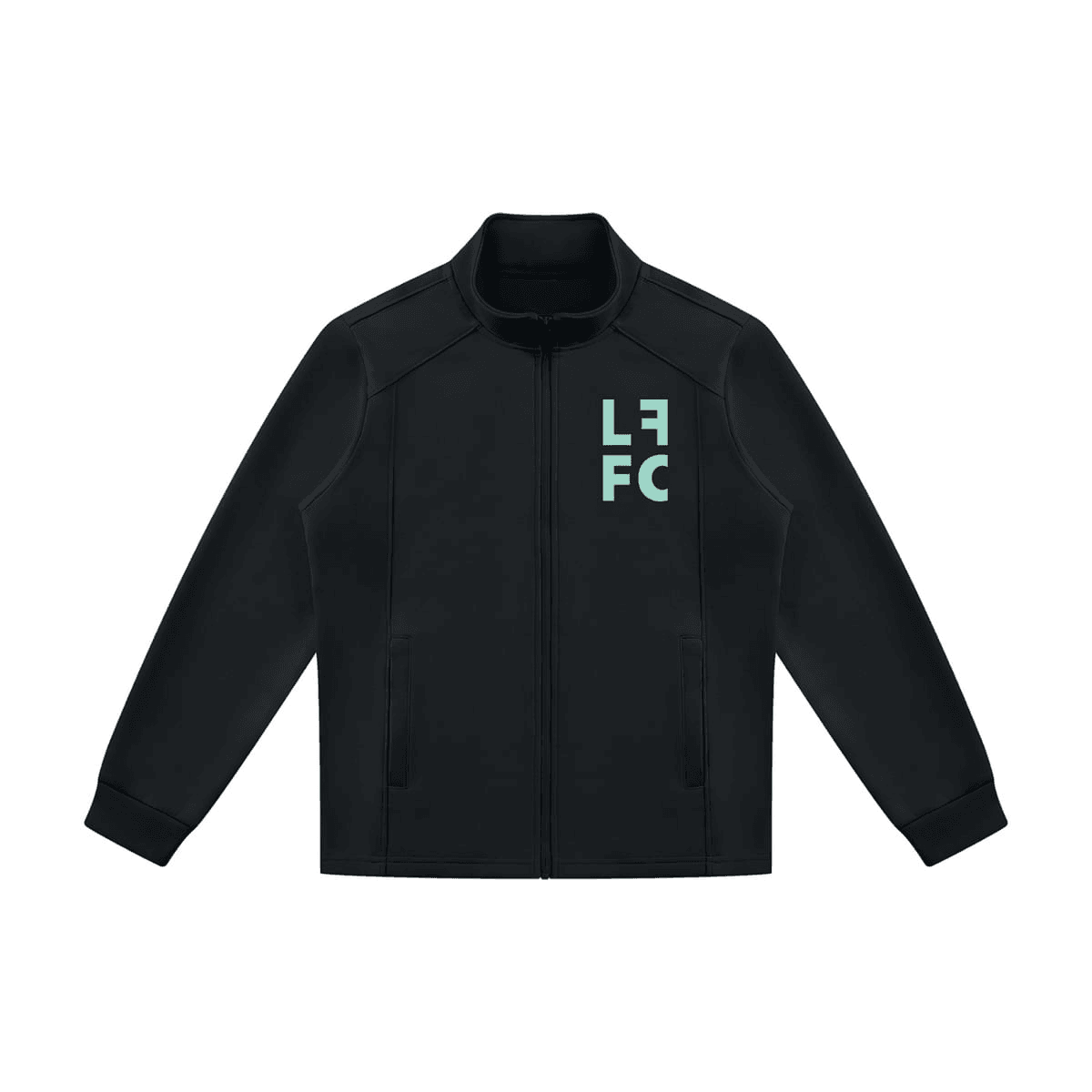The black club track jacket, zipped, with LFFC in mint on the chest
